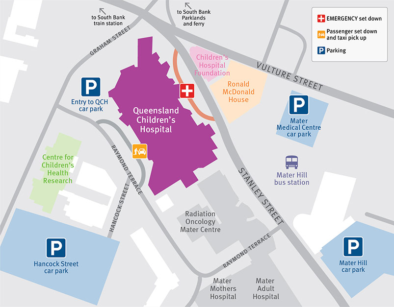 Map showing the location of 3 parking areas surrounding Queensland Children's Hospital - Mater Medical Centre car park off Vulture St, Hancock Street car park off Hancock St and Mater Hill car park off Stanley St