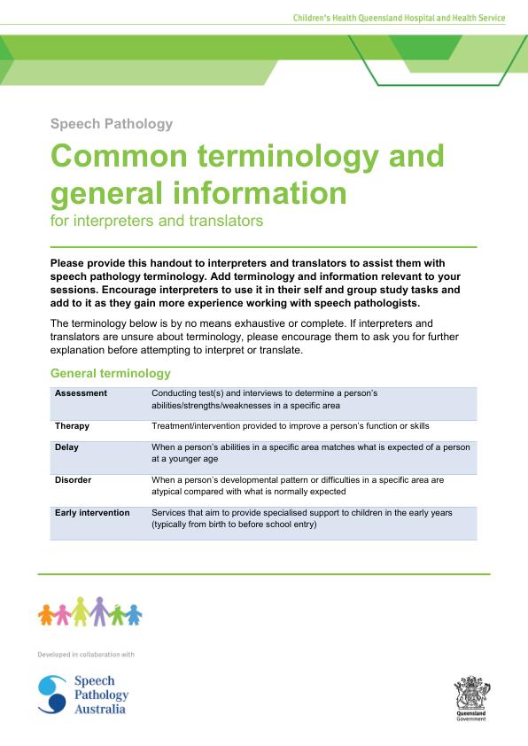 Thumbnail of Common terminology and general information for interpreters and translators – speech pathologists
